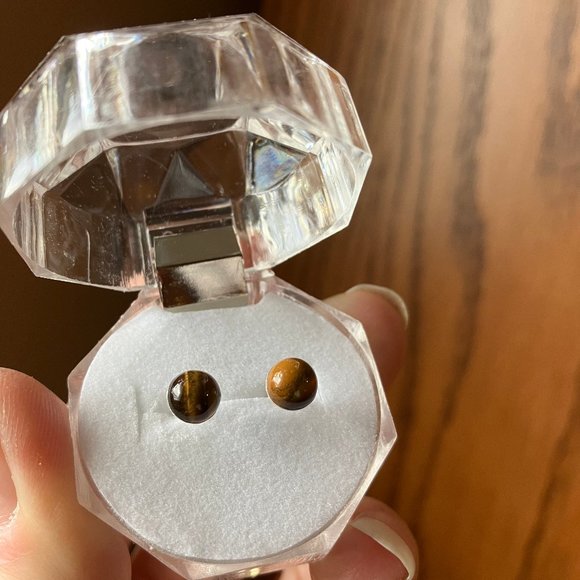 925 Sterling Silver posts Genuine Tiger Eye Earrings 925 Stamped on stem - Picture 5 of 7